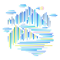 Obraz premium Minimalistic stylized mountain landscape with sea, clouds and sun. Abstract scenery vertical banner in neon colors on white background 