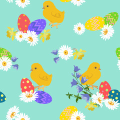 Easter. Seamless vector pattern. Flat design. Colored easter eggs, field flowers and chick