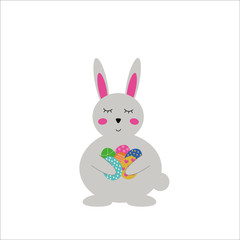 Fototapeta na wymiar Vector illustration of a drawn rabbit holding Easter eggs in a clearing.For children design.Vector decor element for t-shirt design for children, postcards