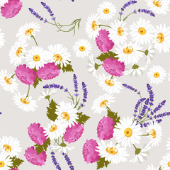 Seamless vector illustration with lavender, chamomile and chrysanthemum
