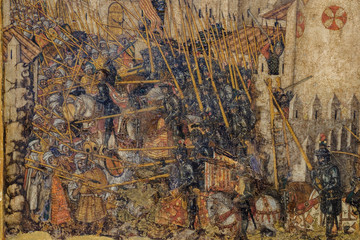 entrada de las tropas cristianas a la ciudad musulmana de Mallorca,  Rafel Mòger, retablo de Sant Jordi , Museo diocesano de Mallorca, Palma,Mallorca, balearic islands, Spain