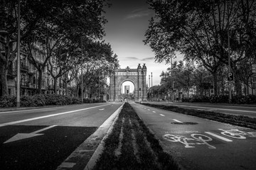 Streets of Barcelona. Triumph arch. in black and white. fine art