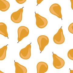 Tropical summer fruit seamless pattern. Yellow pear on a white background. Vector design of the fabric.