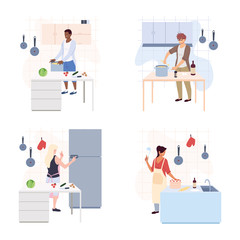 set of people are cooking in white background