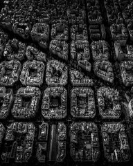 Aerial view of typical buildings of Barcelona cityscape from helicopter. in black and white. fine art