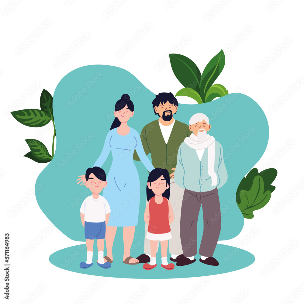 Canvas Prints mother father daughter and son with grandfather cartoons with leaves vector design