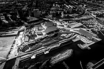 Aerial view of Barcelona cityscape from helicopter. solar panel in Forum. in black and white. fine art