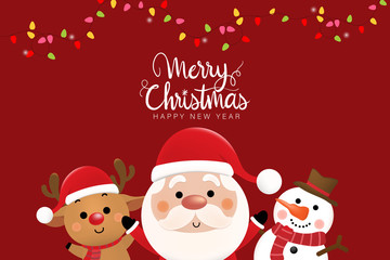 Merry Christmas and happy new year 2021 greeting card with cute Santa Claus, deer and snowman. Holiday cartoon character in winter season. -Vector.