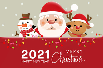 Fototapeta na wymiar Merry Christmas and happy new year 2021 greeting card with cute Santa Claus, deer and snowman. Holiday cartoon character in winter season. -Vector.