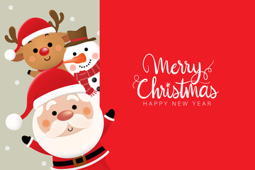 Merry Christmas and happy new year 2021 greeting card with cute Santa Claus, deer and snowman. Holiday cartoon character in winter season. -Vector.