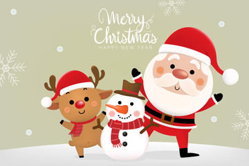 Merry Christmas and happy new year 2021 greeting card with cute Santa Claus, deer and snowman. Holiday cartoon character in winter season. -Vector.