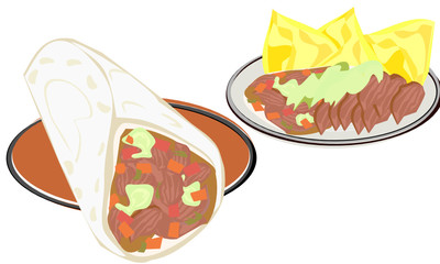 burrito, Tacos,mexican street food lunch dinner, Vector illustration Meat dishes Seasoned with choss and tomatoes and cucumber