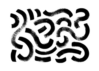 Dirty circular, curved lines and wavy brushstrokes. Black paint  brushstrokes vector set. Hand drawn ink illustration isolated on white background. Modern bold curvy lines, grunge brush scribbles