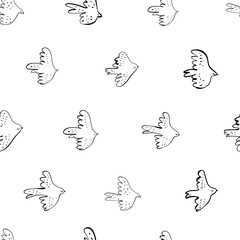 Seamless vector doodle pattern with black birds. Japanese abstract motif hand painted by brush. Monochrome flying birds, sparrows, swallows, crowns and seagulls. Line drawn sketch.