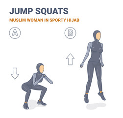 Squats and Jumps Muslim Woman in Sporty Hijab Workout Illustration.