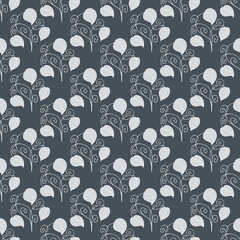 seamless pattern, dark blue background, linear drawings with leaves