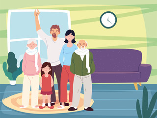 Mother father and daughter with grandparents cartoons in home room vector design