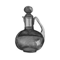 Watercolor bottle of olive oil. Illustration drawn by watercolor paint by hand. White background. Illustration for printing, paper design, typography, wallpaper, textiles. Monochrome