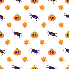 Halloween cartoon seamless pattern - creepy pumpkin lanterns with scary faces, spider and yellow autumn leaves, traditional holiday symbols on white - vector seamless background