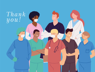 women and men doctors with uniforms and thank you text vector design