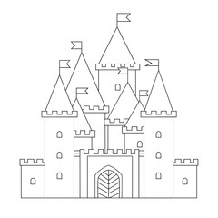 Line drawn fantasy castle on white isolated background. Towers with flags and small windows. For coloring book pages.