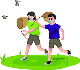 Kids are hunting a butterfly together at the park while using medical mask