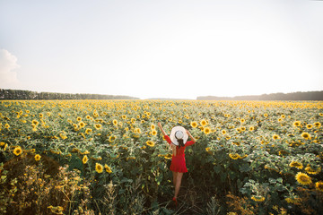 Fototapeta premium beautiful young woman in a red dress, in a hat, in a field with sunflowers