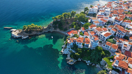 Aerial drone photo of picturesque small beach of Plakes in main village of Skiathos island,...