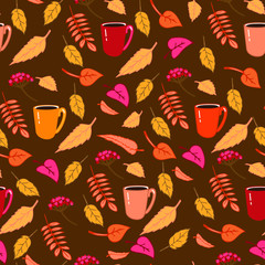 autumn leaves and coffee cup seamless pattern on the braun background
