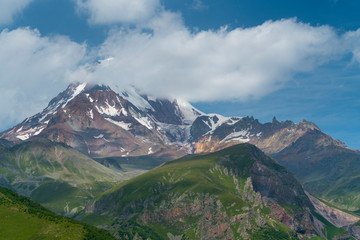Fototapeta premium Kazbegi Peak and Glacier, Kazbegi Reserve, Georgian Military Highway, Mtskheta-Mtianeti Region, Georgia, Middle East