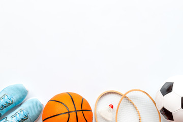 Set of sport games balls and equipment on white baclground. Top view copy space