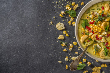 Homemade autumn classic corn cream soup with grilled corn, herbs and croutons, copy space