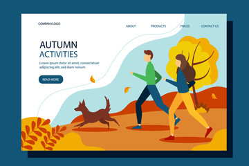 Man and woman running with the dog in the Park. Concept illustration of an active lifestyle, outdoor recreation. Cute autumn illustration in a flat style.