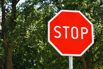 Red stop sign isolated on trees. Traffic information in park. Forest behing the sign. Empty copy...