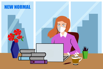 working woman wear face mask during the coronavirus outbreak at her office  with a cup of coffee on table ,new normal and social distancing alert concept.