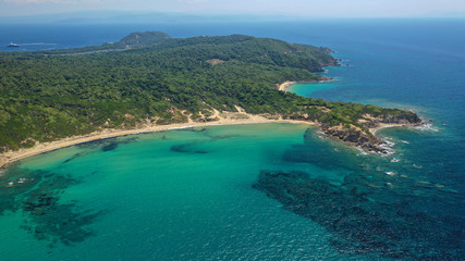 Fototapeta na wymiar Aerial drone photo of paradise twin beaches of Mandraki and Elia in island of Skiathos island, Sporades, Greece