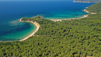 Aerial drone photo of paradise twin beaches of Mandraki and Elia in island of Skiathos island, Sporades, Greece