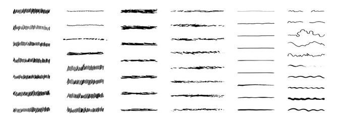 Brush strokes, black ink lines. Vector abstract set with hand drawn paint brushes. Grunge texture on white background. Doodle style. Collection modern abstract elements for background for business