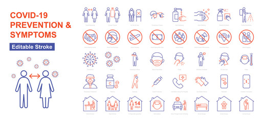 COVID-19 Prevention And Symptoms - Thin Line Icons Set. Editable Stroke. Vector Illustration Flat Design.