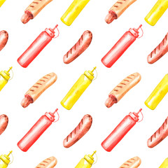 watercolor food drawings - seamless pattern of hot dog products