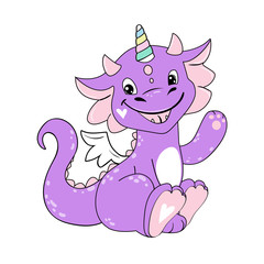 Funny lilac dragon waving hand on a white isolated background. Birthday card