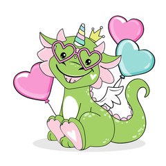 Small green dragon with an inflatable ball and glasses. Birthday card