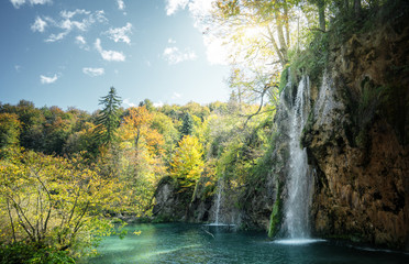 waterfall in forest, Plitvice Lakes, Croatia