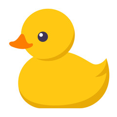 Flat yellow rubber bath duck isolated on white.