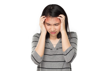 young asian woman arms raised touch her head feel headache