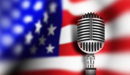 Microphone on the background of the usa flag - obrazy, fototapety, plakaty