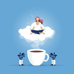 Relax at Work, Coffee Break-Business Woman Character Relaxing Meditating at Office Work, Businesswoman relaxing in a cup of coffee, coffee break concept