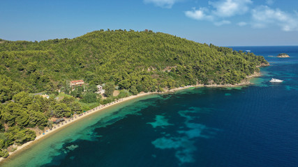 Aerial drone photo of small sandy beach of Maratha next to famous Koukounaries, Skiathos island, Sporades, Greece