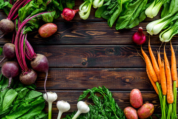 Healthy food. Vegetables - carrot, beet, potato - top view frame copy space