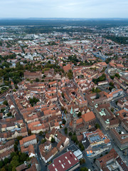 Obraz premium NUREMBERG, GERMANY September 1, 2018: Aerial view of Nuremberg old city on Pegnitz river. Medieval church Sankt Sebald ancient architecture, half-timbered buildings, red roofs.